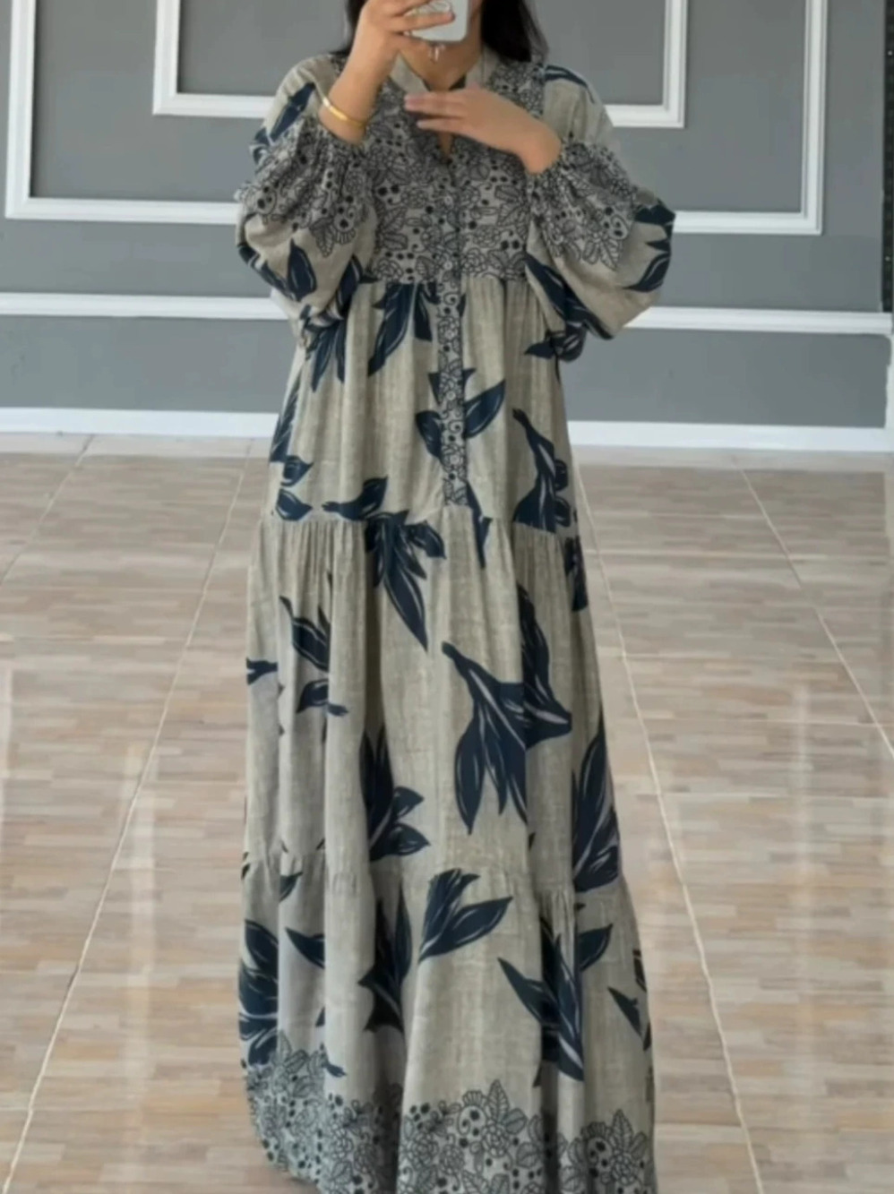 ZARA Womens Digital Print Long Sleeve Shirt Collar Loose Vintage Maxi Dress